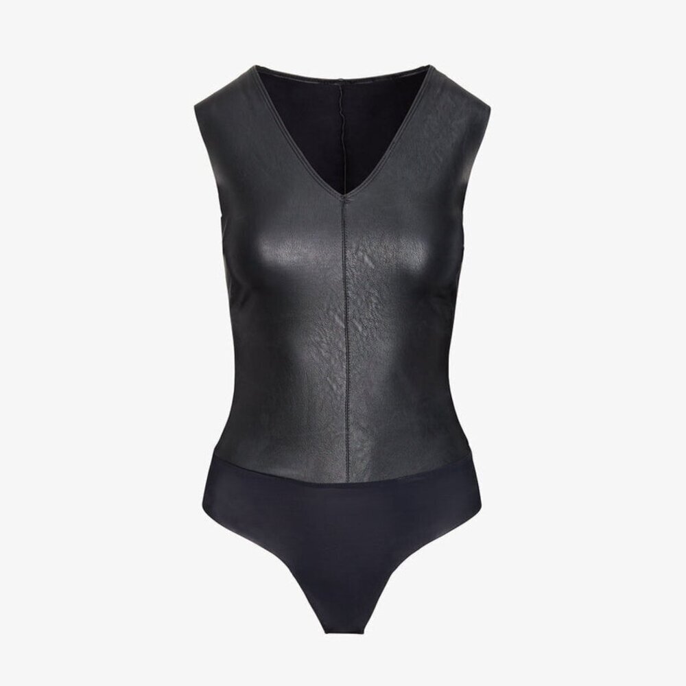 Commando Black Faux Leather V-Neck Bodysuit Size Medium 23243
